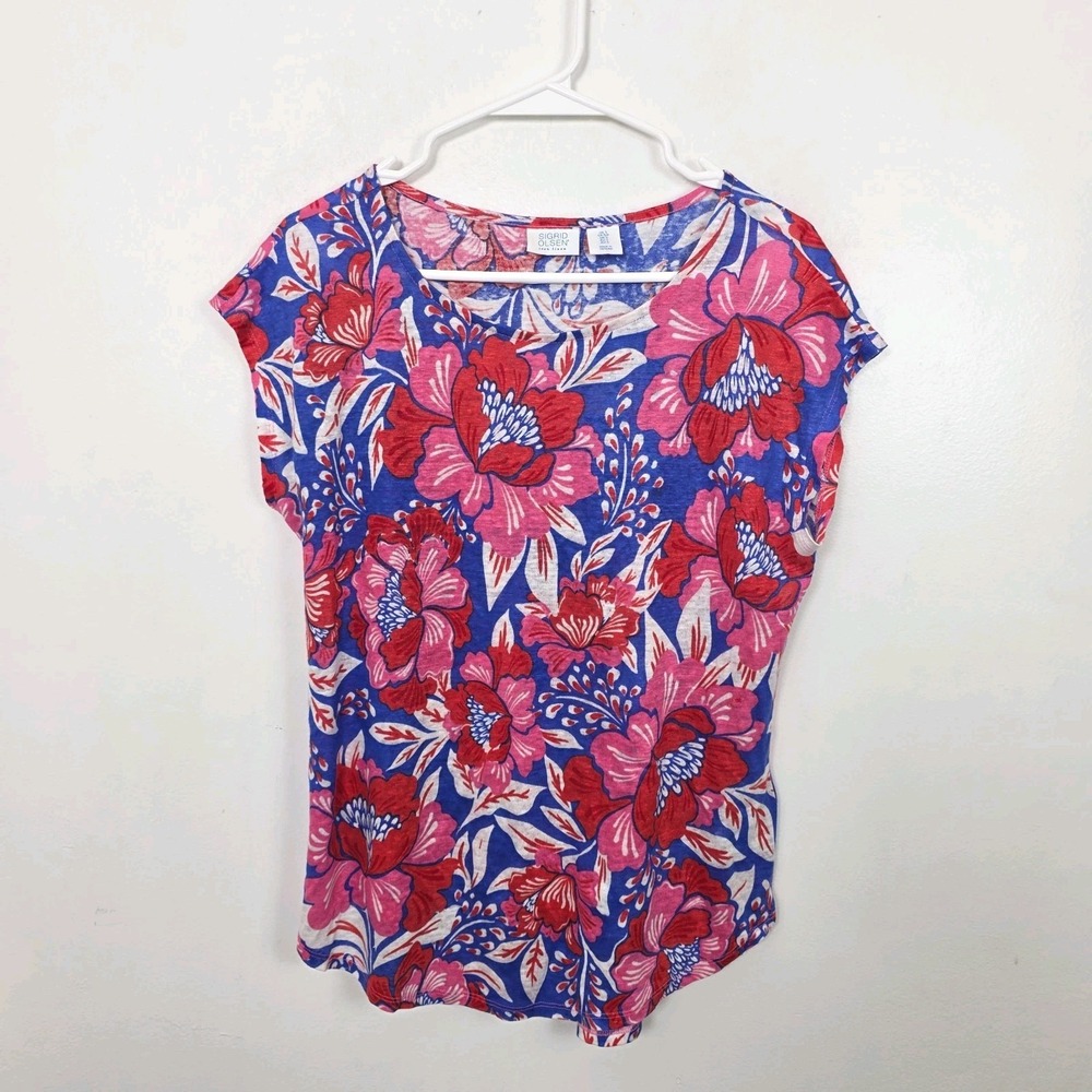 Sigrid Olsen Blue Pink Floral 100% Linen Summer Outdoor Vacation Shirt Size S